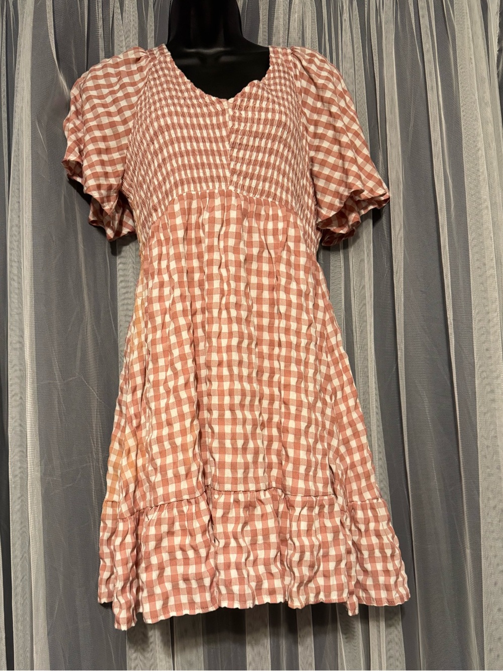 Gingham Babydoll Mini Dress in Rose and White